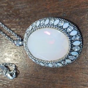 Noland Miller Pendant/ Brooch Necklace Silvertone (opal like) clear rhinestones